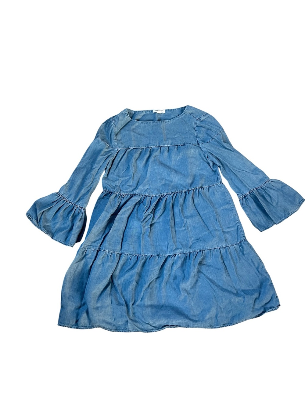 beachlunchlounge Light Blue Tiered Denim Dress with Bell Sleeves